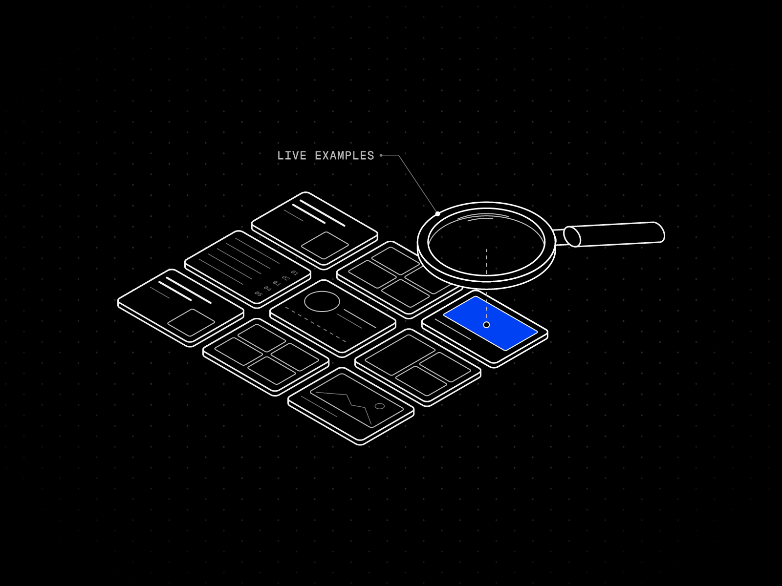 Isometric line drawing of a grid of nine portfolio website cards in different layouts with a magnifying glass hovering over a blue one