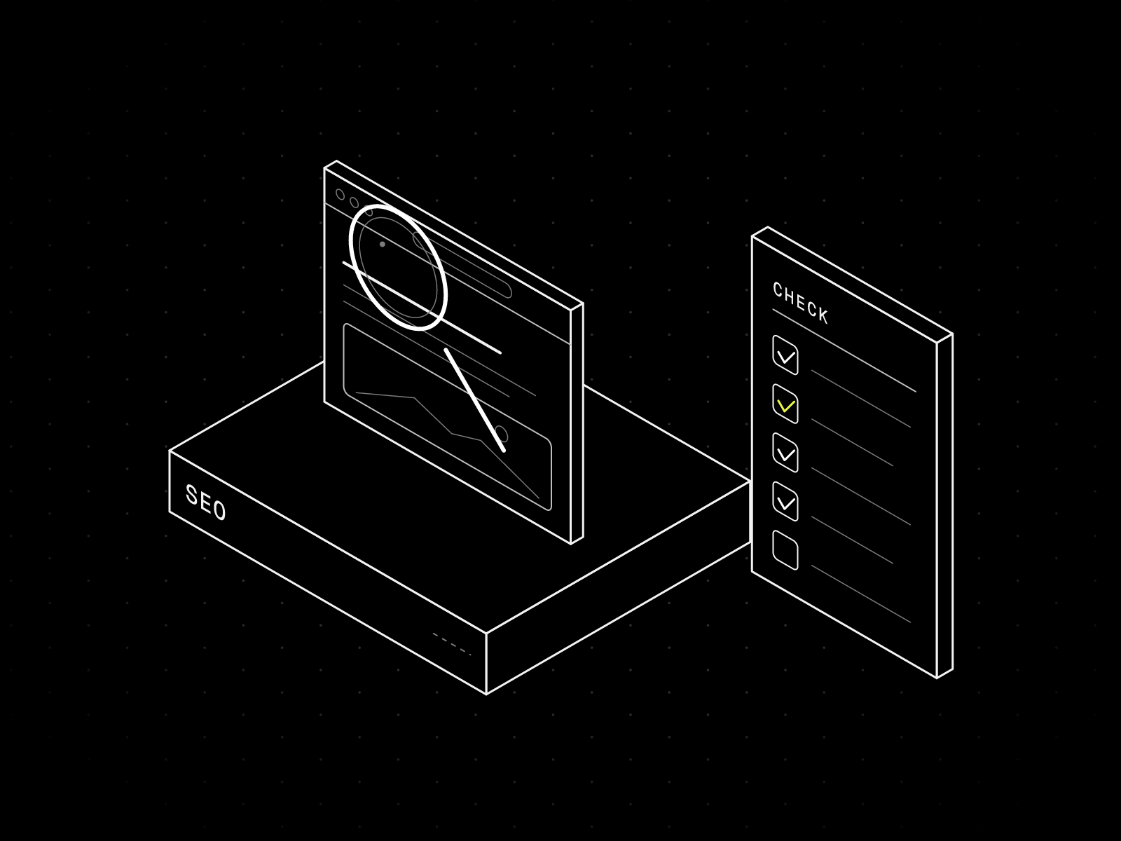 Isometric line drawing of a browser window on a plinth with a magnifying glass over its address bar and a checklist of ticked boxes standing beside it