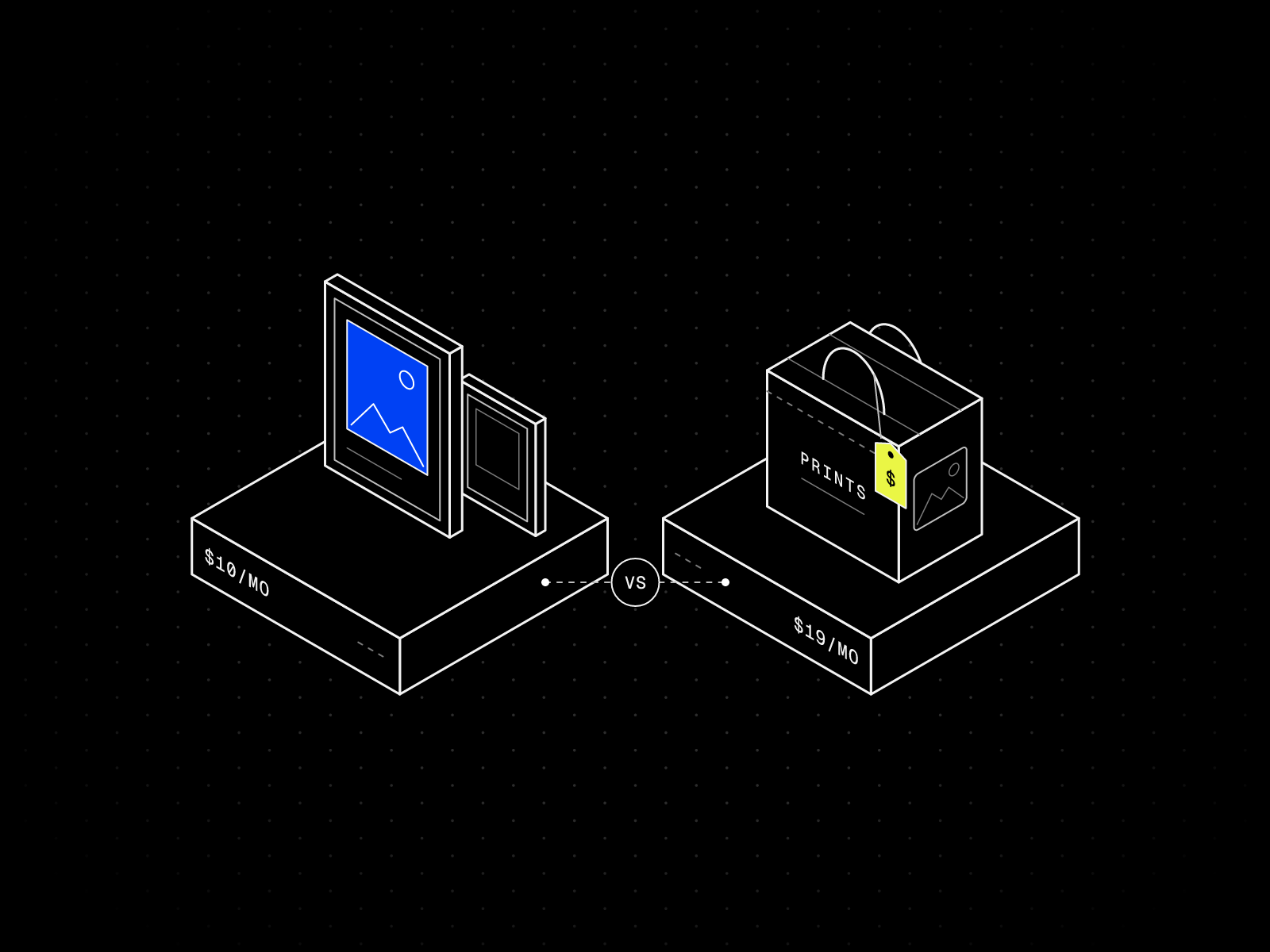Isometric line drawing comparing two plinths: framed photographs marked $10 a month and a shopping bag of prints with a yellow price tag marked $19 a month
