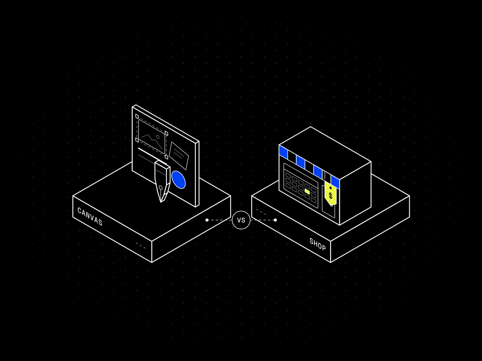 Isometric line drawing of two plinths side by side, one holding a freeform design canvas with a pen tool and one holding a shop front with a calendar and a price tag