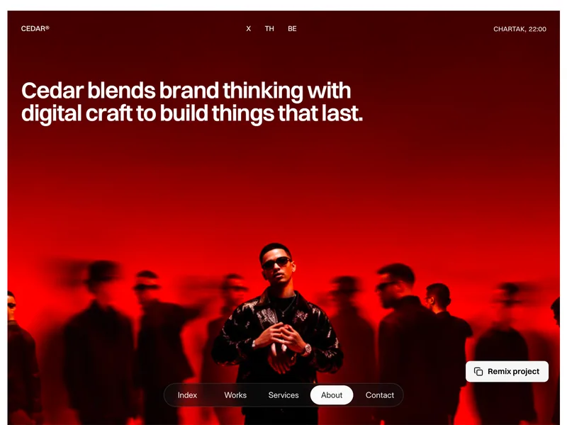 Cedar About page with the studio statement over a full-bleed red group photograph