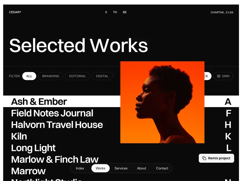 Cedar Selected Works page in Stack view, an A to Z list of projects with a hovered row and its image preview