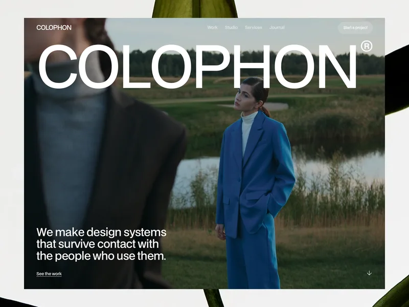 Colophon Framer template home page with the large COLOPHON wordmark and the studio statement over a full-screen hero