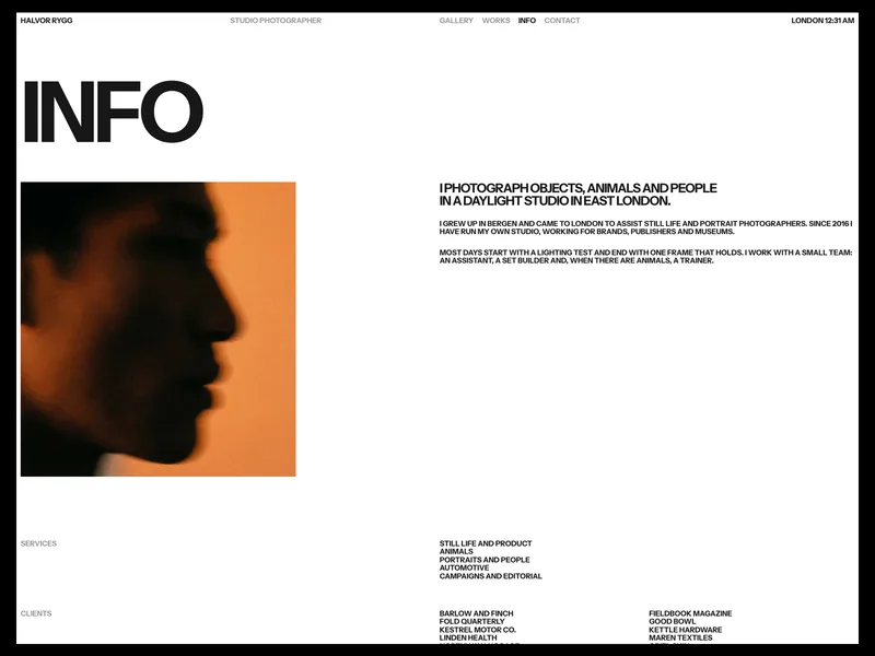 Halvor Info page with a portrait, bio, services and clients