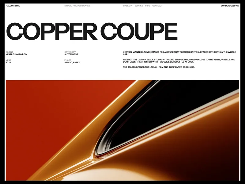Halvor project page for an automotive shoot, with client, category, year, place and a full-width photograph