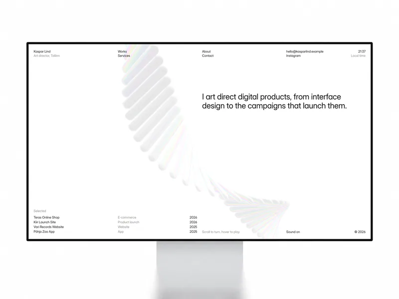 Kaspar Framer template home page with the glass xylophone, shown on a desktop display