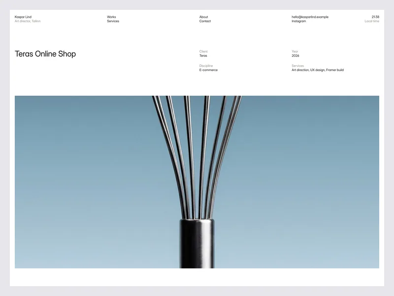 Kaspar case study page for an online shop, with project details and a full-width photo