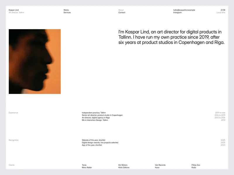 Kaspar About page with a portrait, a short bio, experience and recognition