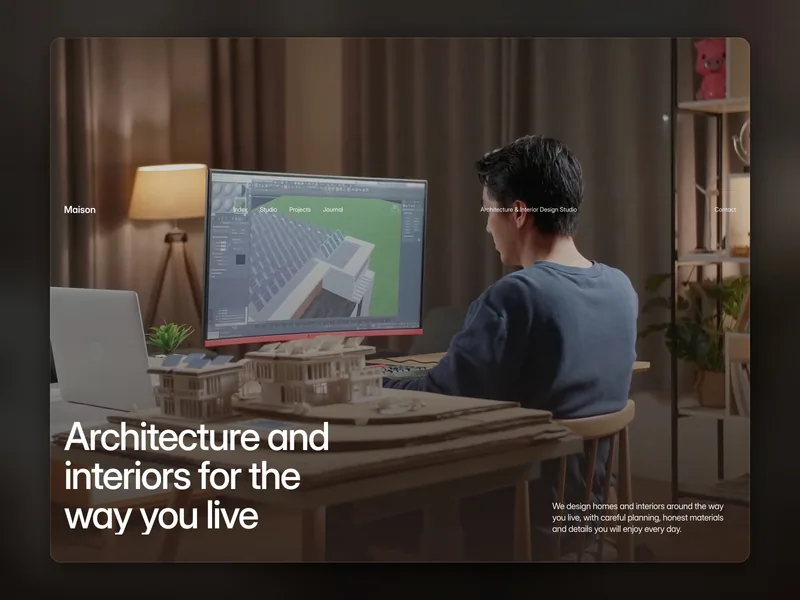 Maison Architect home page with a full-screen video of an architect beside a house model and the headline Architecture and interiors for the way you live