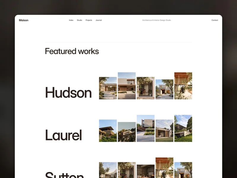 Maison Architect Work page listing projects by name, each with a strip of five photos