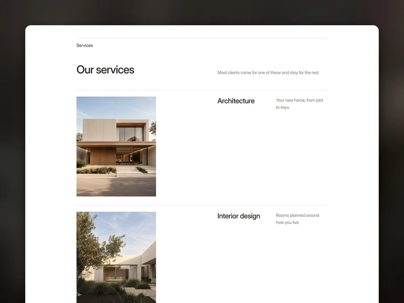 Maison Architect services list with Architecture and Interior design, each with a photo and a one-line description