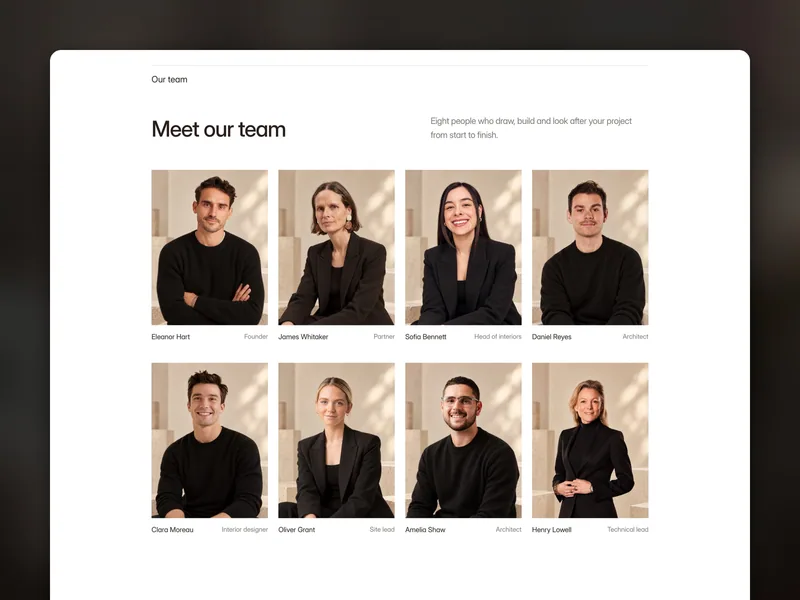 Maison Architect team section with eight portraits, names and roles