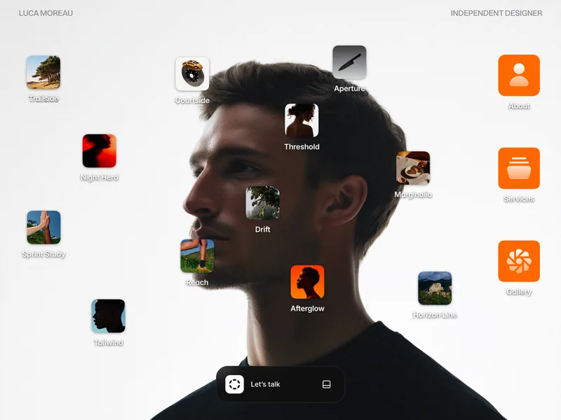 Moreau OS desktop with project icons over a portrait wallpaper, About, Services and Gallery folders on the right and a Let's talk dock