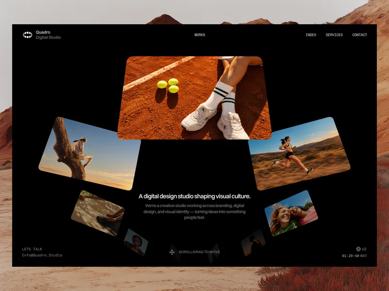 Quadro Studio home page, a 3D ring of project photos around the studio's headline on a black background