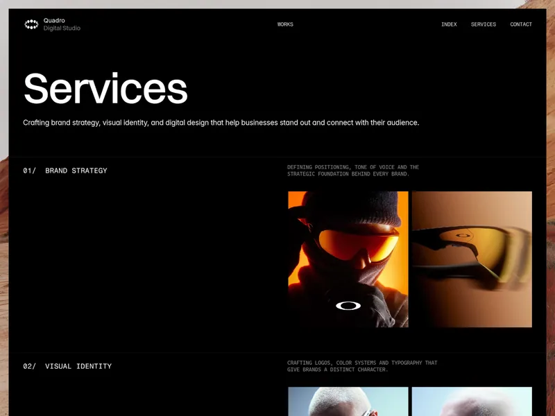 Quadro Studio Services page with numbered services, short mono descriptions and paired photos