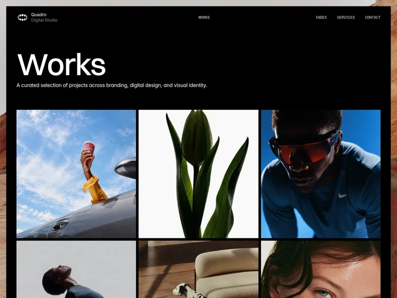 Quadro Studio Works page with a large title and a three-column grid of project images