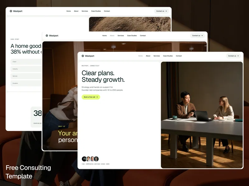 Westport home page hero with the headline Clear plans, Steady growth and a lime Book a free call button, layered over the About and case study pages