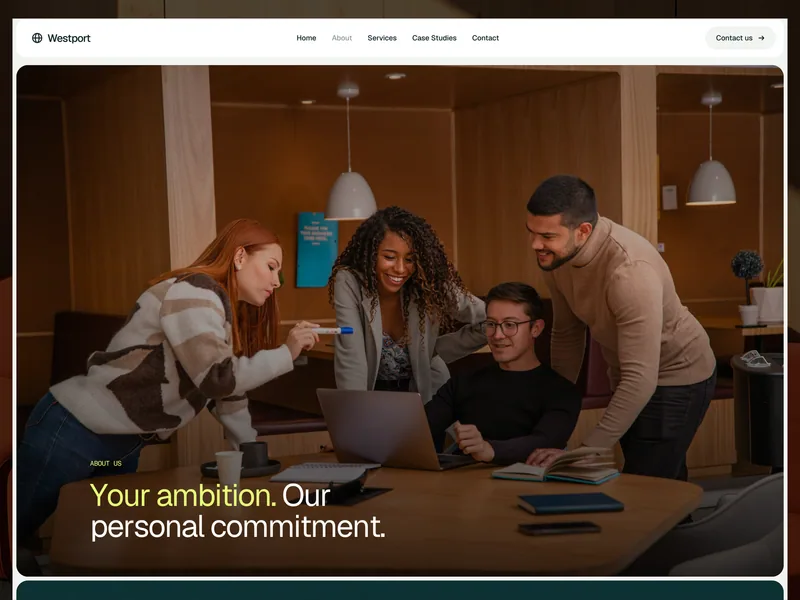 Westport About page opening with a full-width team photo and the headline Your ambition, Our personal commitment