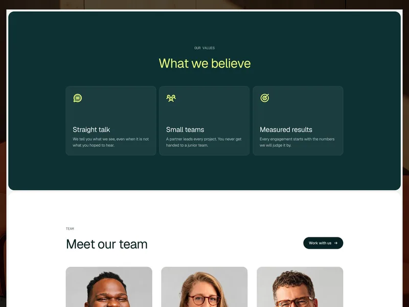 Westport values on a dark green panel, Straight talk, Small teams and Measured results, above the Meet our team section